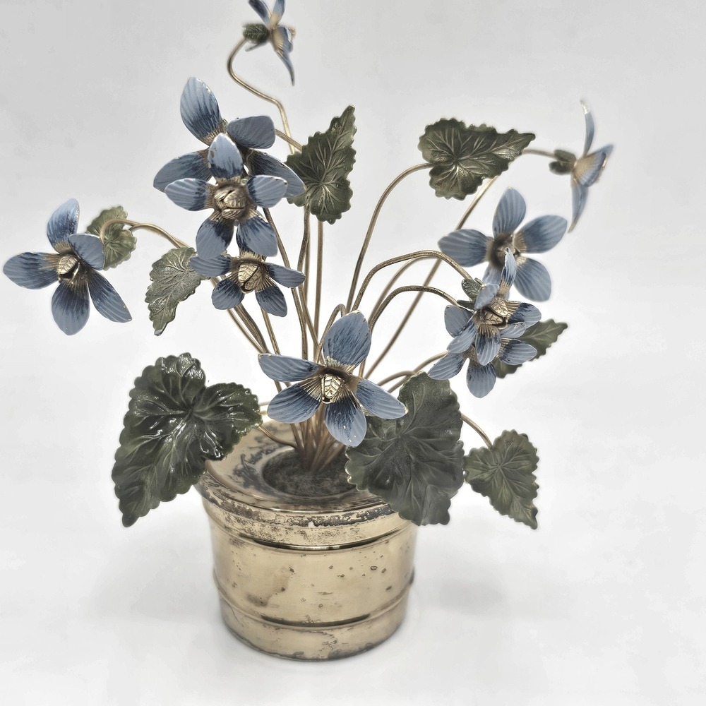 Vintage Gorham Sterling Silver Enameled Blue Violet Flower Figurine in Pot
